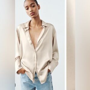 ZARA Medium Cream Satin Button Down V Neck Long Sleeve with Cuffs Transitional